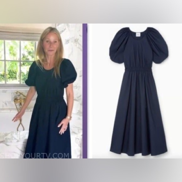 G. Label By Goop Sheely Puff Sleeve Midi Dress Navy Blue Cotton 6 EUC - Picture 7 of 7